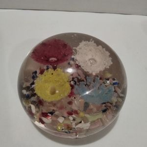 Vintage Art glass paperweight multicolor Flowers clear glass heavy
